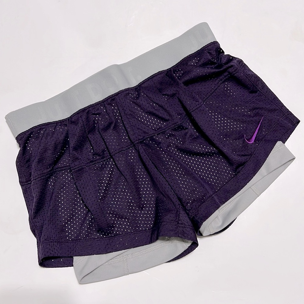 Nike Women's Perforated 2 in 1 Training Running Shorts - Deep Purple and Gray